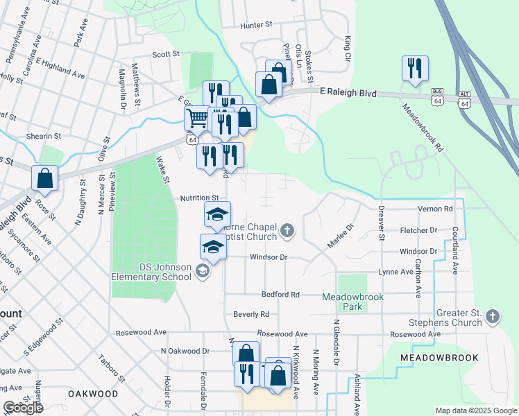 map of restaurants, bars, coffee shops, grocery stores, and more near 128 Photinia Court in Rocky Mount