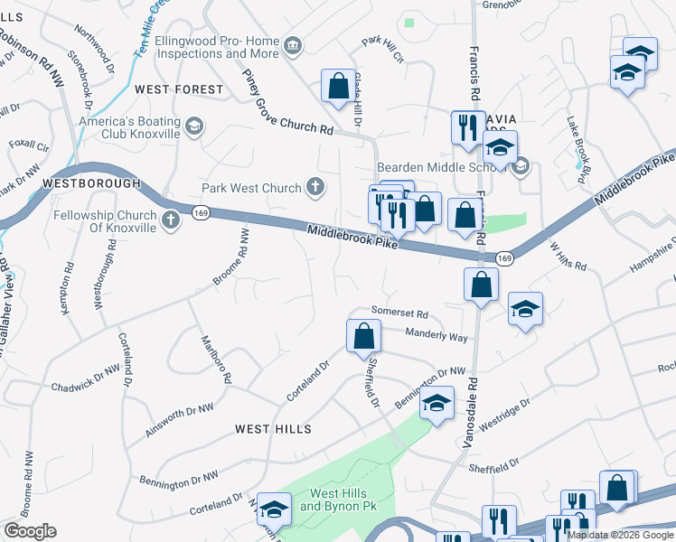 map of restaurants, bars, coffee shops, grocery stores, and more near 7520 Kerri Way in Knoxville