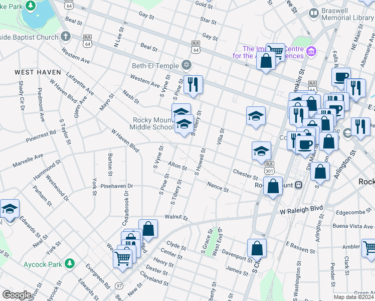 map of restaurants, bars, coffee shops, grocery stores, and more near 408 South Tillery Street in Rocky Mount