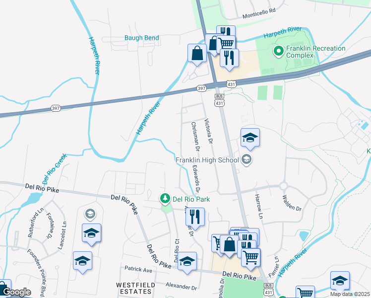 map of restaurants, bars, coffee shops, grocery stores, and more near 822 Rebel Circle in Franklin