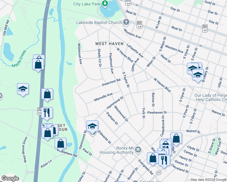 map of restaurants, bars, coffee shops, grocery stores, and more near 1608 Marvelle Avenue in Rocky Mount