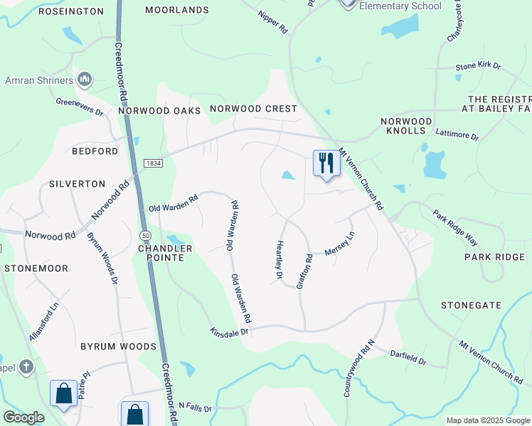 map of restaurants, bars, coffee shops, grocery stores, and more near 2305 Hovis Court in Raleigh