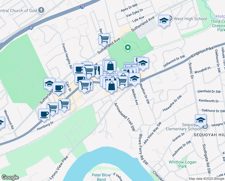 map of restaurants, bars, coffee shops, grocery stores, and more near 4616 Kingston Pike in Knoxville