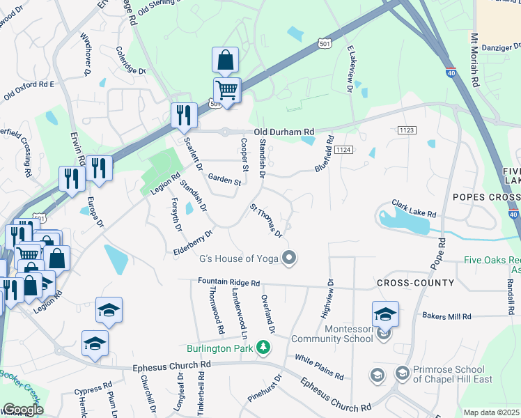 map of restaurants, bars, coffee shops, grocery stores, and more near 101 Colchester Court in Chapel Hill