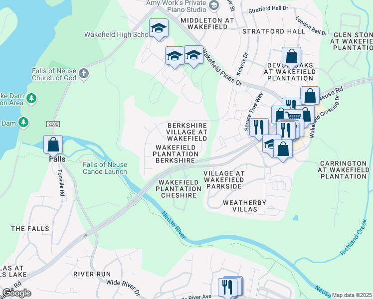 map of restaurants, bars, coffee shops, grocery stores, and more near 13205 Ellesmere Court in Raleigh