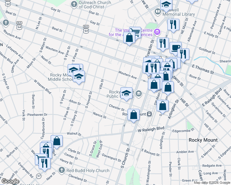 map of restaurants, bars, coffee shops, grocery stores, and more near 334 S Pearl St in Rocky Mt