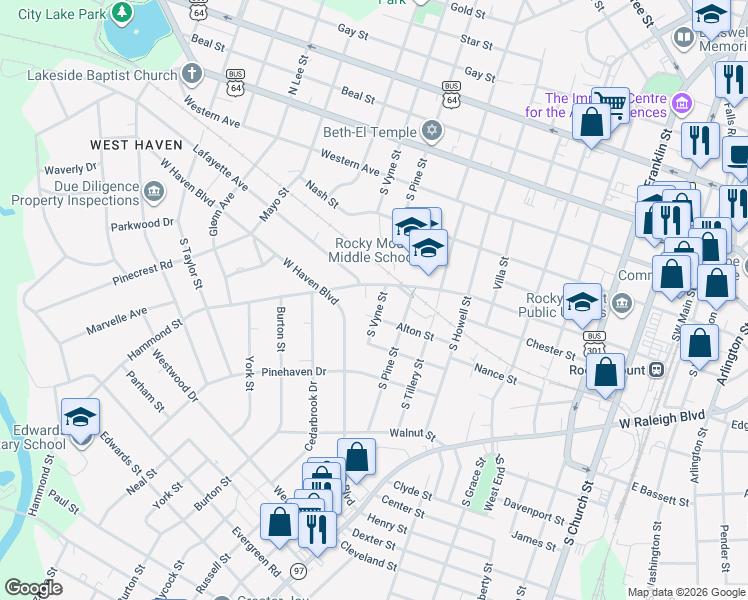 map of restaurants, bars, coffee shops, grocery stores, and more near 523 South Vyne Street in Rocky Mount