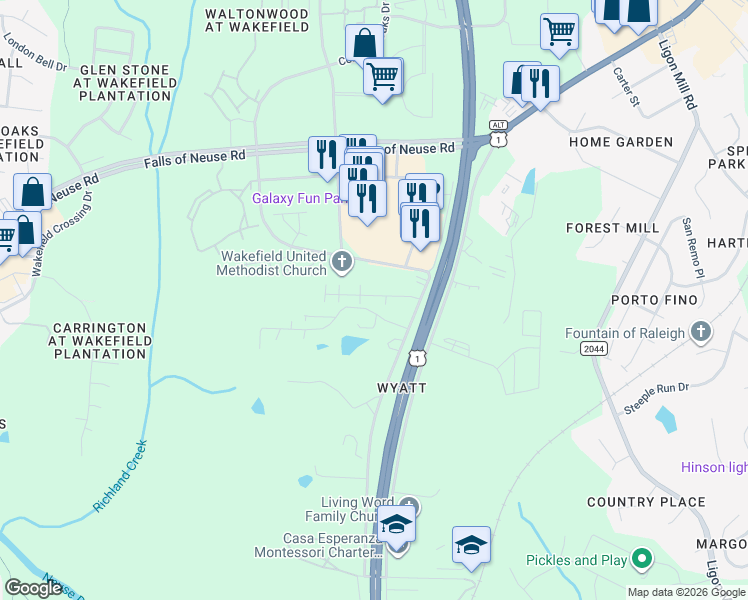 map of restaurants, bars, coffee shops, grocery stores, and more near 10807 Ponderosa Park Drive in Wake Forest