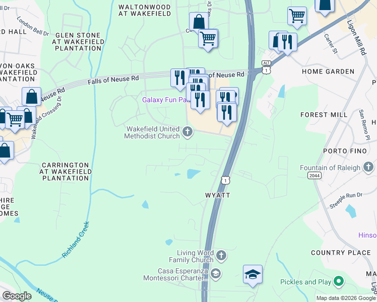 map of restaurants, bars, coffee shops, grocery stores, and more near 10 Ponderosa Park Drive in Wake Forest
