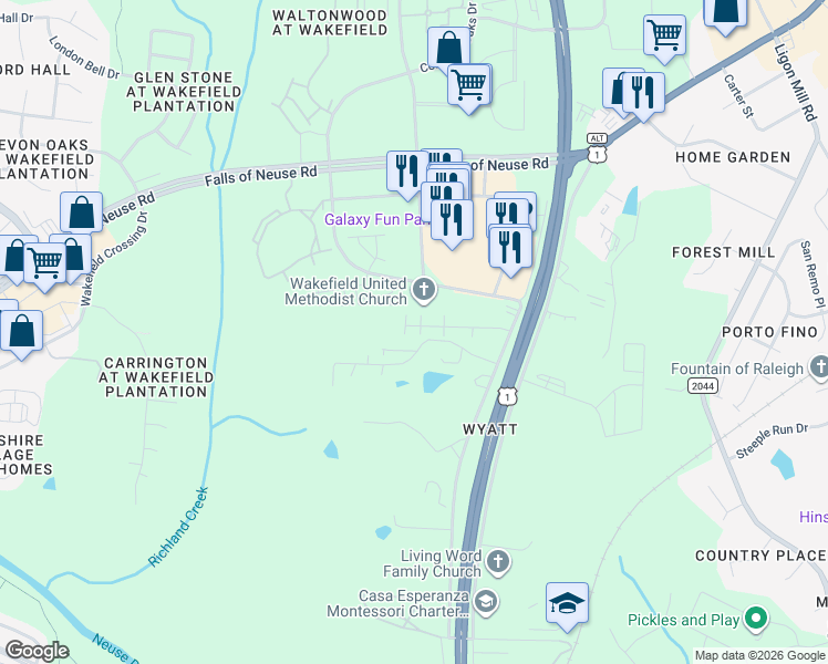 map of restaurants, bars, coffee shops, grocery stores, and more near 10 Ponderosa Park Drive in Wake Forest