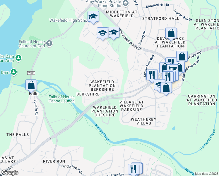 map of restaurants, bars, coffee shops, grocery stores, and more near 13205 Ellesmere Court in Raleigh