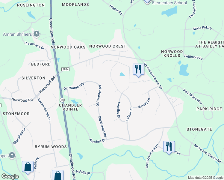 map of restaurants, bars, coffee shops, grocery stores, and more near 2305 Hovis Court in Raleigh
