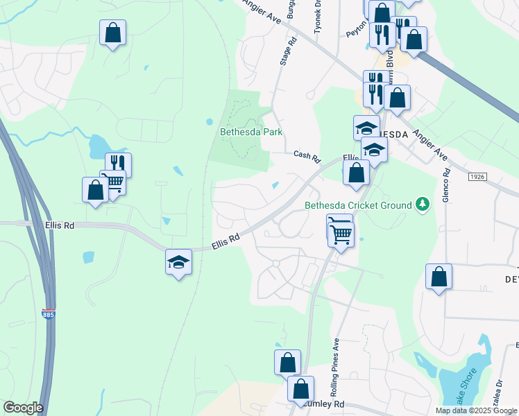map of restaurants, bars, coffee shops, grocery stores, and more near 2619 Ellis Road in Durham