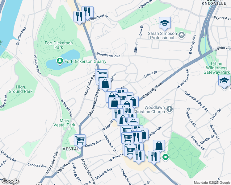 map of restaurants, bars, coffee shops, grocery stores, and more near 122 Taliwa Court in Knoxville