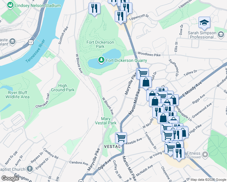 map of restaurants, bars, coffee shops, grocery stores, and more near 329 Volena Place Southwest in Knoxville