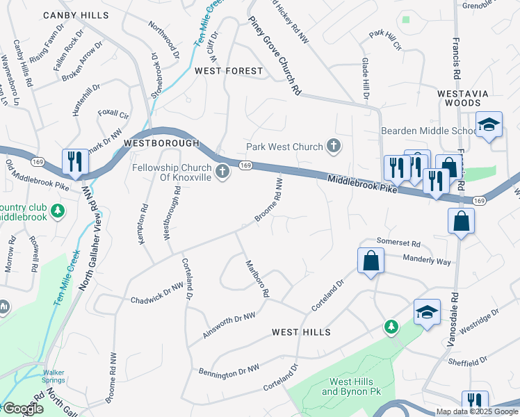 map of restaurants, bars, coffee shops, grocery stores, and more near 721 Broome Road Northwest in Knoxville