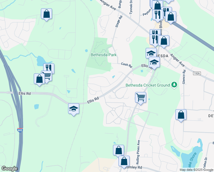 map of restaurants, bars, coffee shops, grocery stores, and more near 2619 Ellis Road in Durham