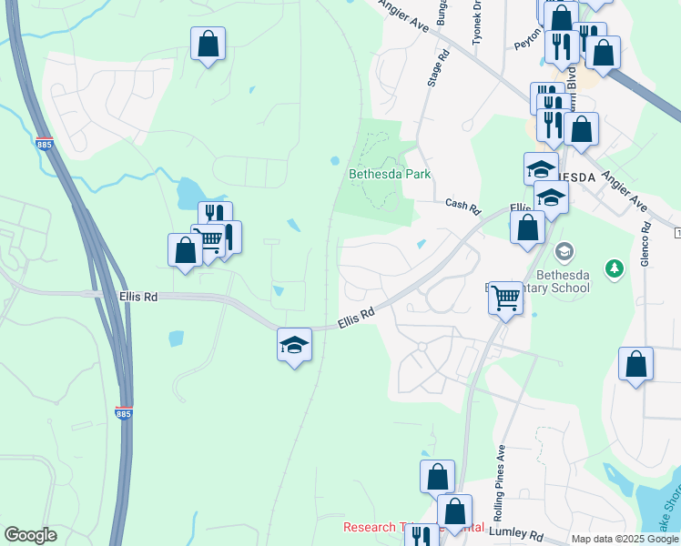 map of restaurants, bars, coffee shops, grocery stores, and more near Freeport Drive in Durham
