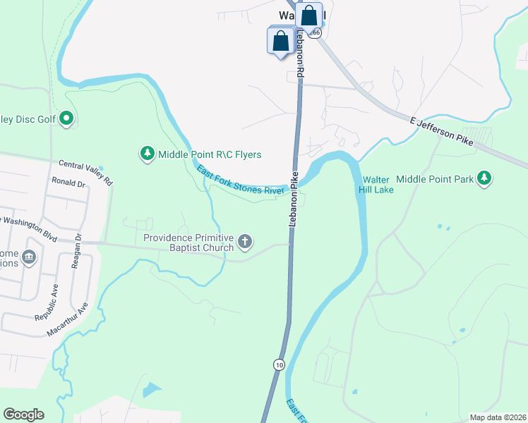 map of restaurants, bars, coffee shops, grocery stores, and more near 110 Central Valley Road in Murfreesboro