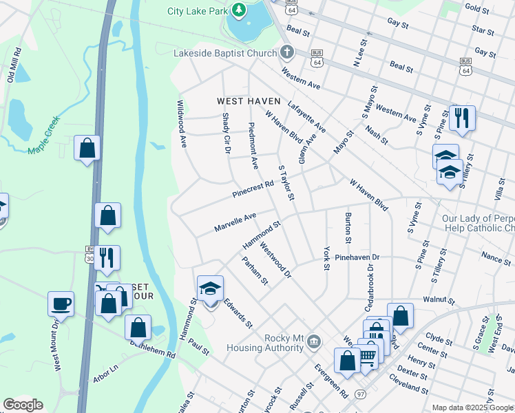 map of restaurants, bars, coffee shops, grocery stores, and more near 1608 Marvelle Avenue in Rocky Mount