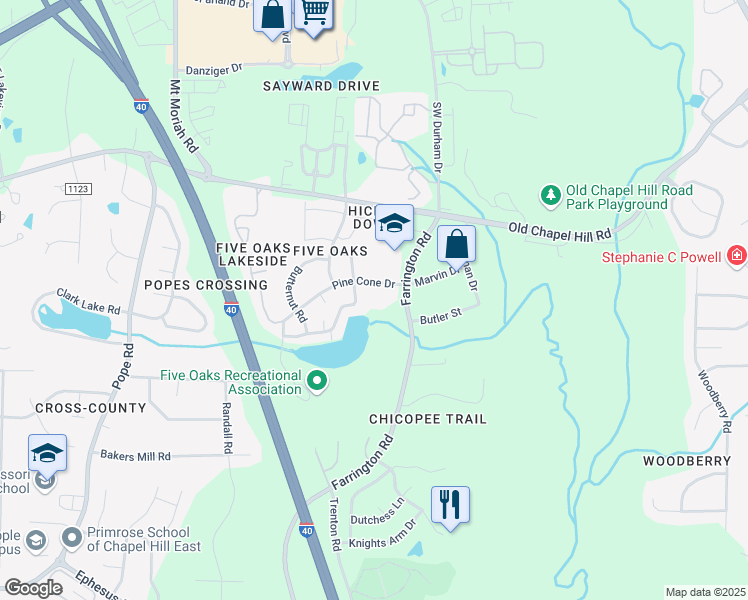 map of restaurants, bars, coffee shops, grocery stores, and more near 4905 Pine Cone Drive in Durham