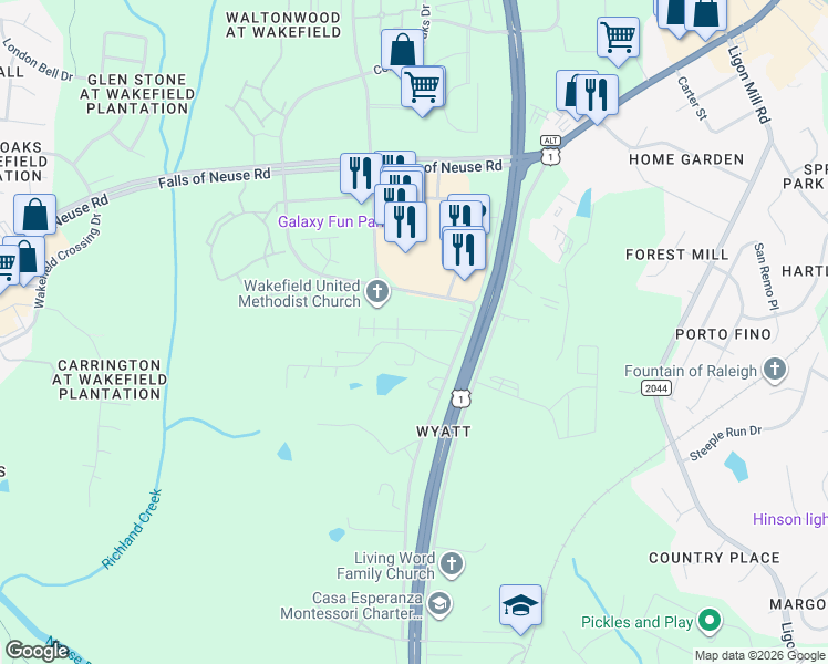 map of restaurants, bars, coffee shops, grocery stores, and more near 10807 Ponderosa Park Drive in Wake Forest