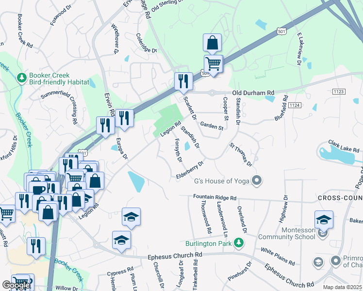 map of restaurants, bars, coffee shops, grocery stores, and more near 117 Forsyth Drive in Chapel Hill