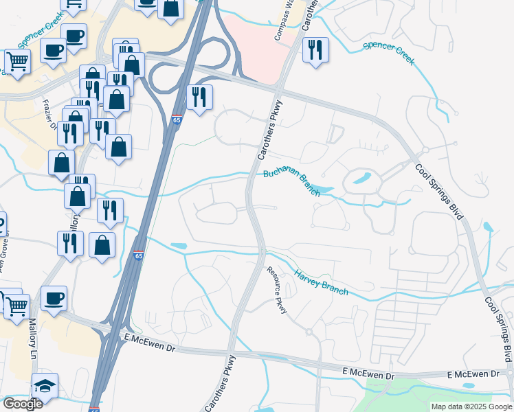 map of restaurants, bars, coffee shops, grocery stores, and more near 6640 Carothers Parkway in Franklin