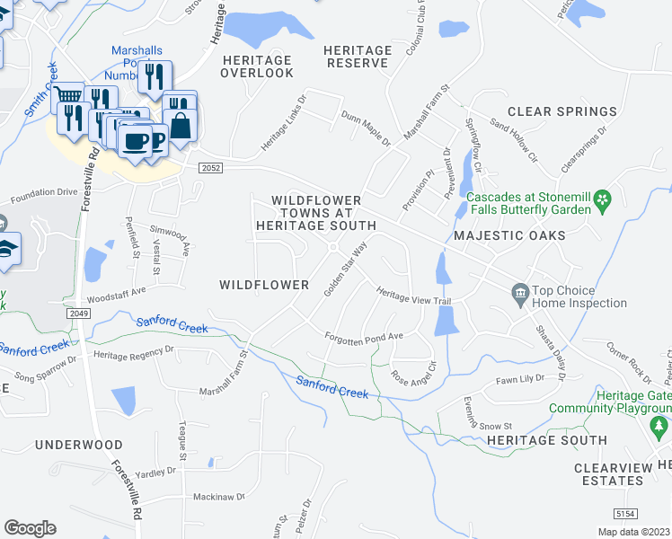 map of restaurants, bars, coffee shops, grocery stores, and more near 1037 Golden Star Way in Wake Forest