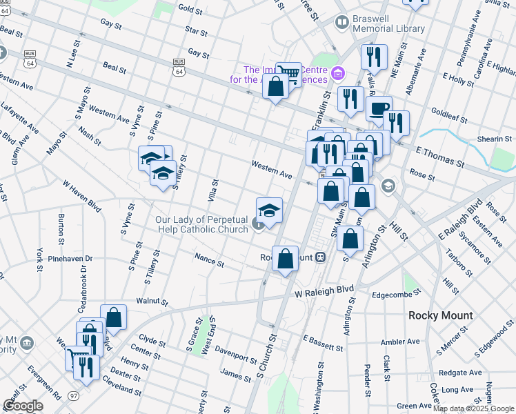 map of restaurants, bars, coffee shops, grocery stores, and more near 316 South Pearl Street in Rocky Mount