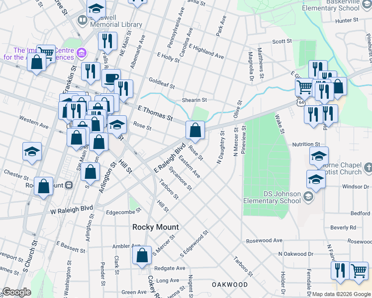 map of restaurants, bars, coffee shops, grocery stores, and more near 525 Rose St in Rocky Mt