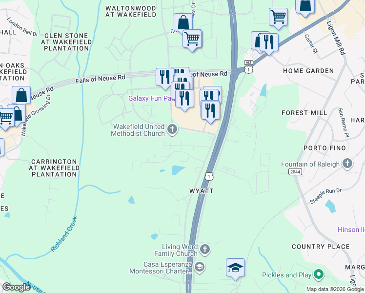 map of restaurants, bars, coffee shops, grocery stores, and more near 10 Ponderosa Park Drive in Wake Forest