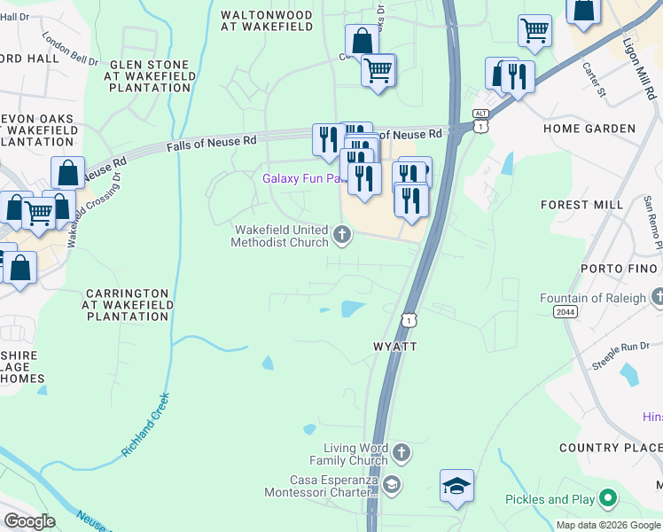 map of restaurants, bars, coffee shops, grocery stores, and more near 10 Ponderosa Park Drive in Wake Forest
