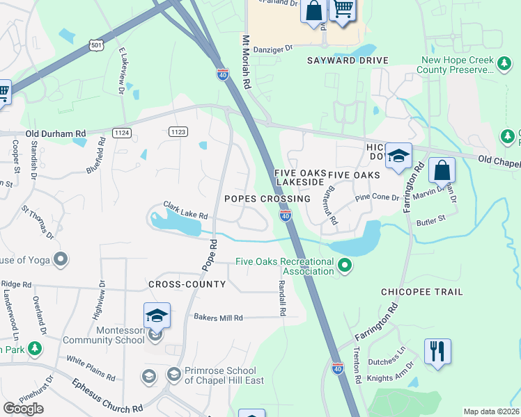 map of restaurants, bars, coffee shops, grocery stores, and more near 29 Crystal Oaks Court in Durham