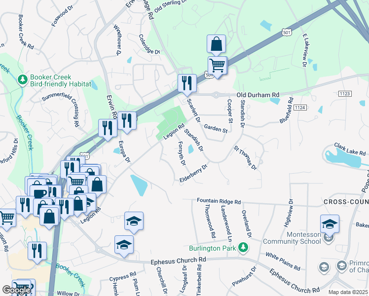 map of restaurants, bars, coffee shops, grocery stores, and more near 125 Forsyth Drive in Chapel Hill