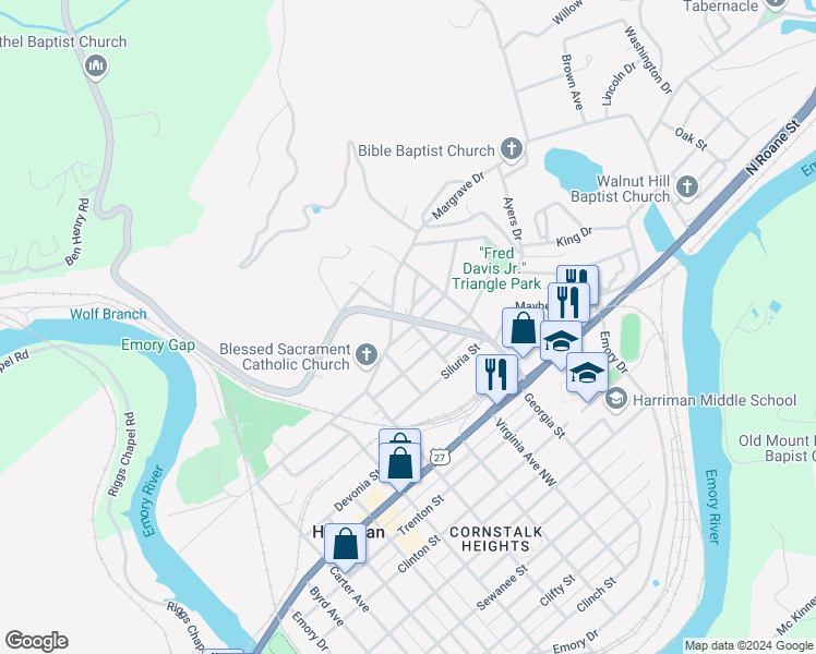 map of restaurants, bars, coffee shops, grocery stores, and more near 712 Chilhowee Street in Harriman