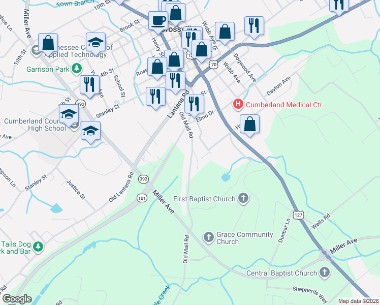 map of restaurants, bars, coffee shops, grocery stores, and more near 244 Old Mail Road in Crossville