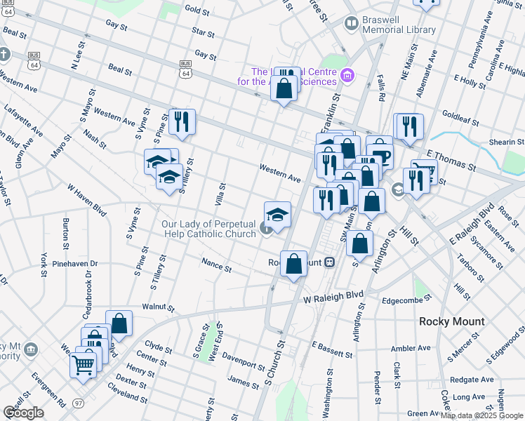 map of restaurants, bars, coffee shops, grocery stores, and more near 316 South Pearl Street in Rocky Mount