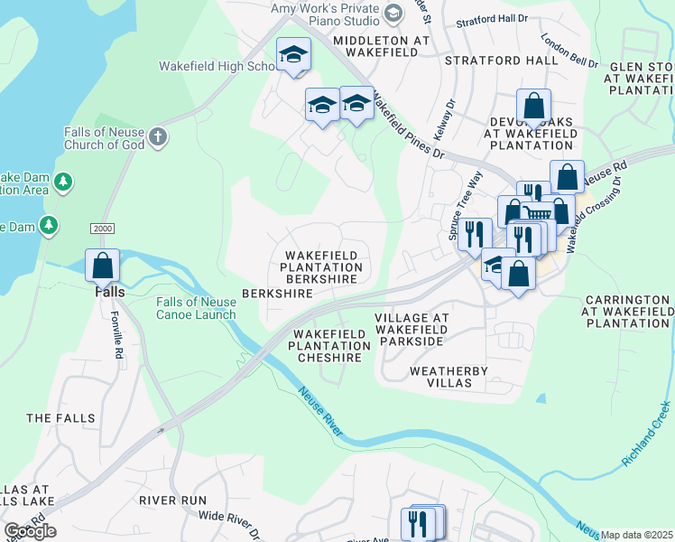 map of restaurants, bars, coffee shops, grocery stores, and more near 13204 Townfield Drive in Raleigh