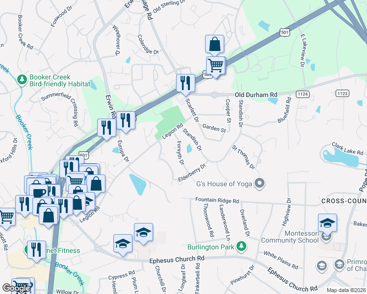 map of restaurants, bars, coffee shops, grocery stores, and more near 125 Forsyth Drive in Chapel Hill