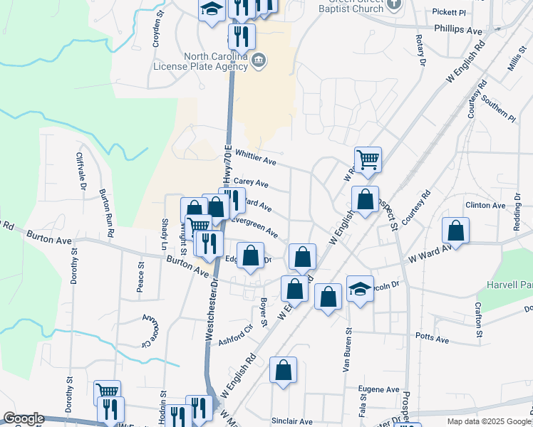 map of restaurants, bars, coffee shops, grocery stores, and more near 413 North Ward Avenue in High Point