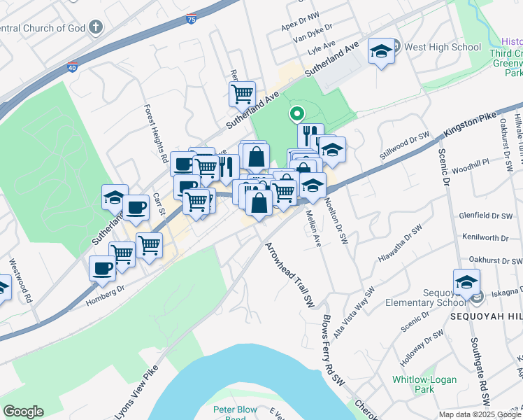 map of restaurants, bars, coffee shops, grocery stores, and more near 4616 Kingston Pike in Knoxville