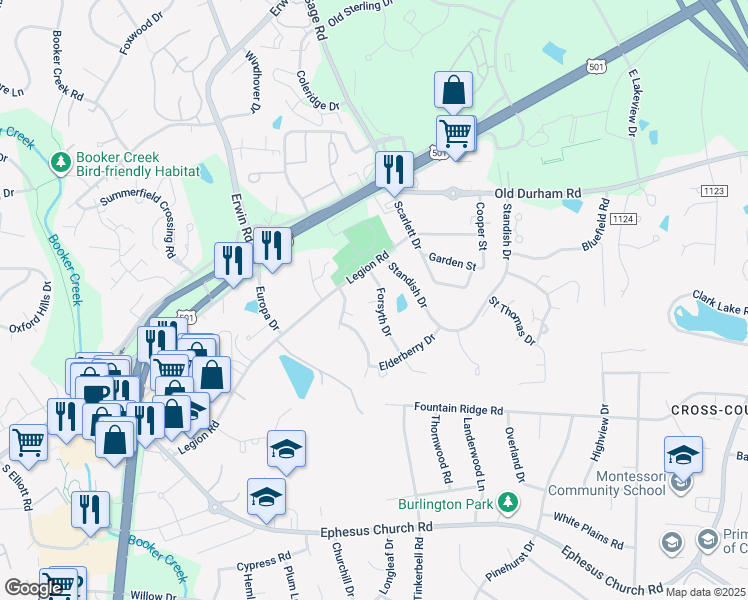 map of restaurants, bars, coffee shops, grocery stores, and more near Forsythia Court in Chapel Hill