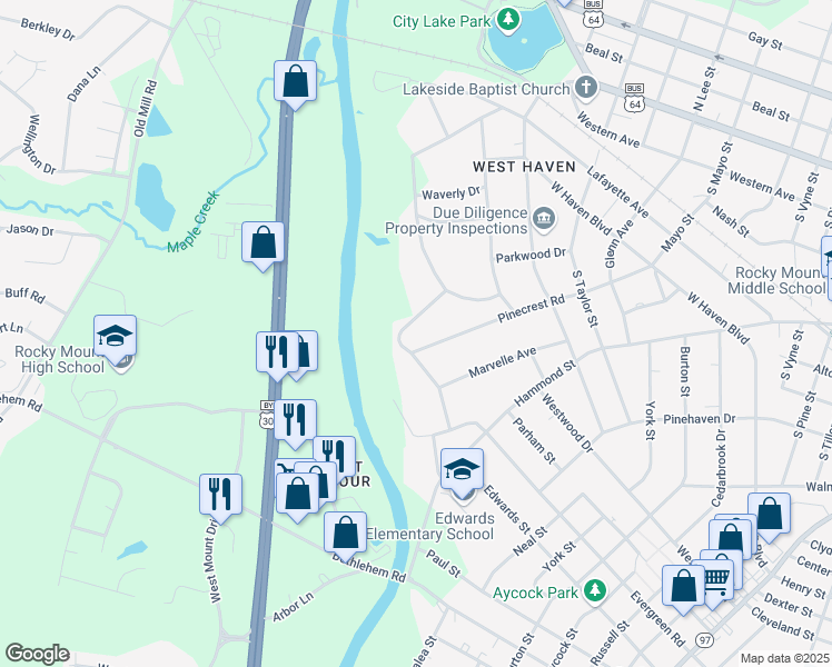 map of restaurants, bars, coffee shops, grocery stores, and more near 511 Evergreen Road in Rocky Mount
