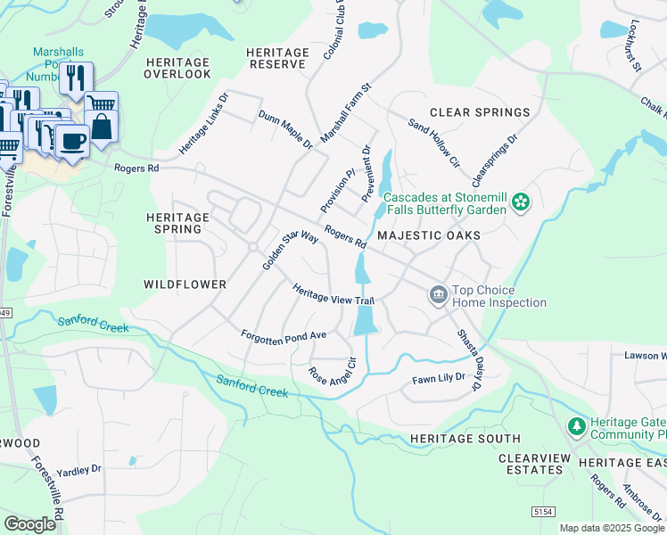 map of restaurants, bars, coffee shops, grocery stores, and more near 1225 Golden Star Way in Wake Forest