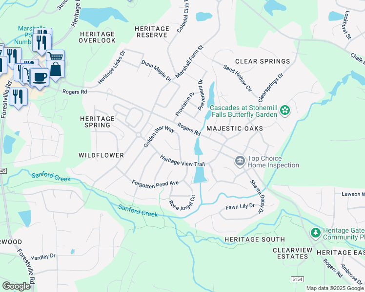 map of restaurants, bars, coffee shops, grocery stores, and more near 1225 Golden Star Way in Wake Forest