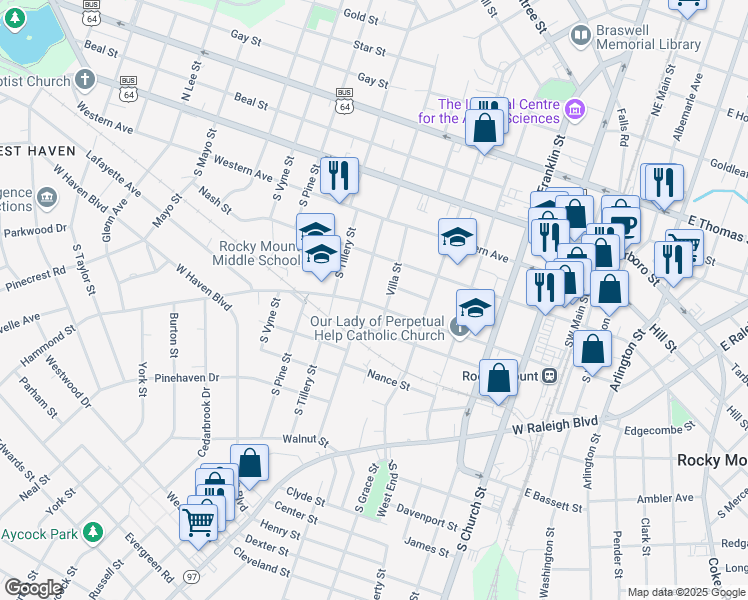 map of restaurants, bars, coffee shops, grocery stores, and more near 601 Hammond Street in Rocky Mount