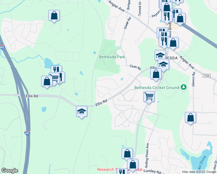 map of restaurants, bars, coffee shops, grocery stores, and more near 1008 Freeport Drive in Durham