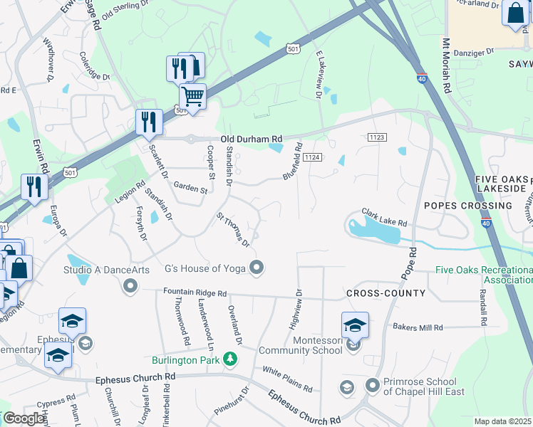 map of restaurants, bars, coffee shops, grocery stores, and more near 104 Ascot Place in Chapel Hill