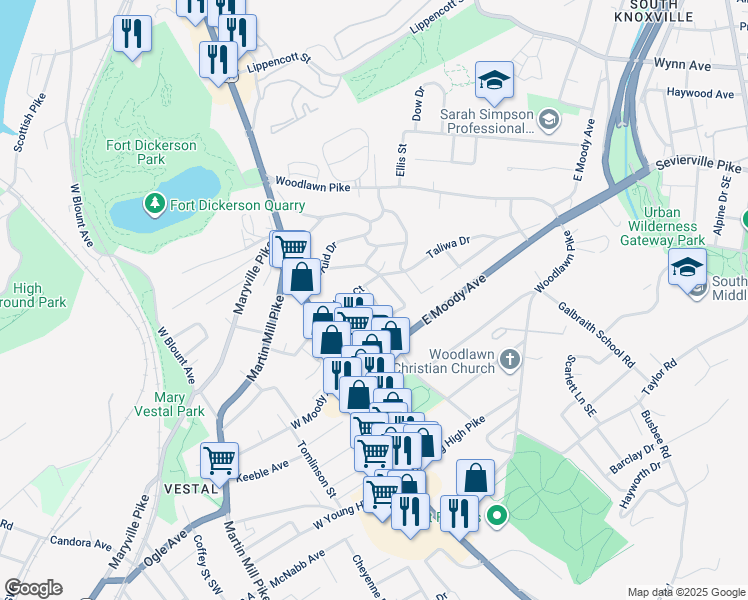 map of restaurants, bars, coffee shops, grocery stores, and more near 3717 Taliwa Gardens Drive in Knoxville
